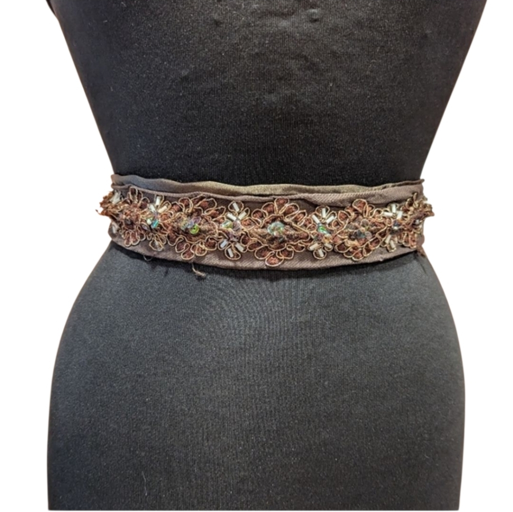 Whimsigoth Vintage Y2K Brown Belt Satin Embroidered Tie Waist Or Headband